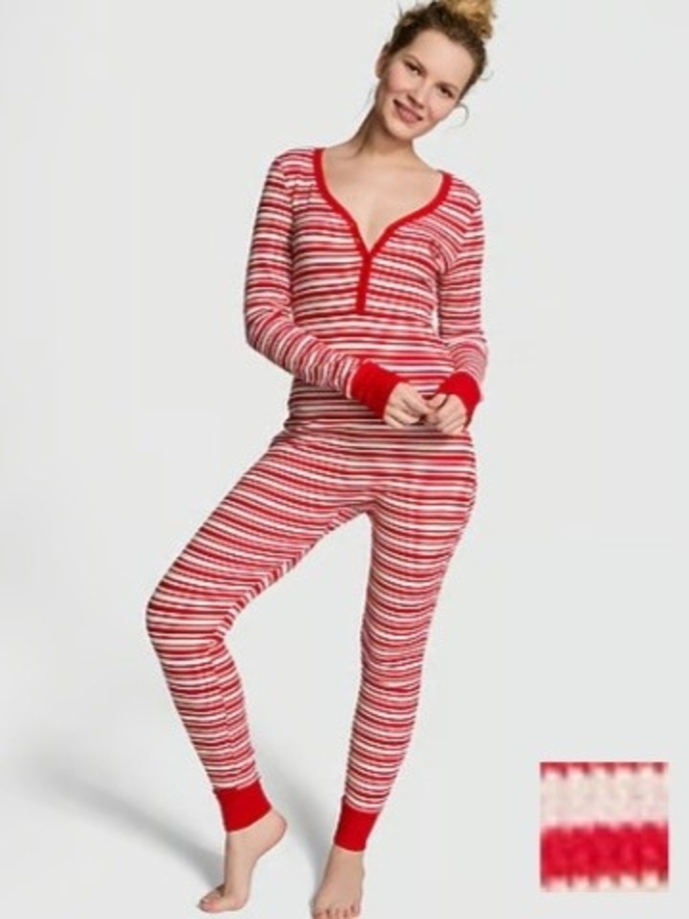 PINK Victoria's Secret Red & White Striped Onesie Pajama Set